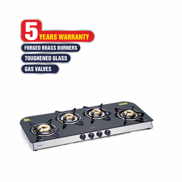 4 Burner Glass Gas Stove Extra Wide 1 High Flame 3 Forged Brass Burner (1049 GT FB)