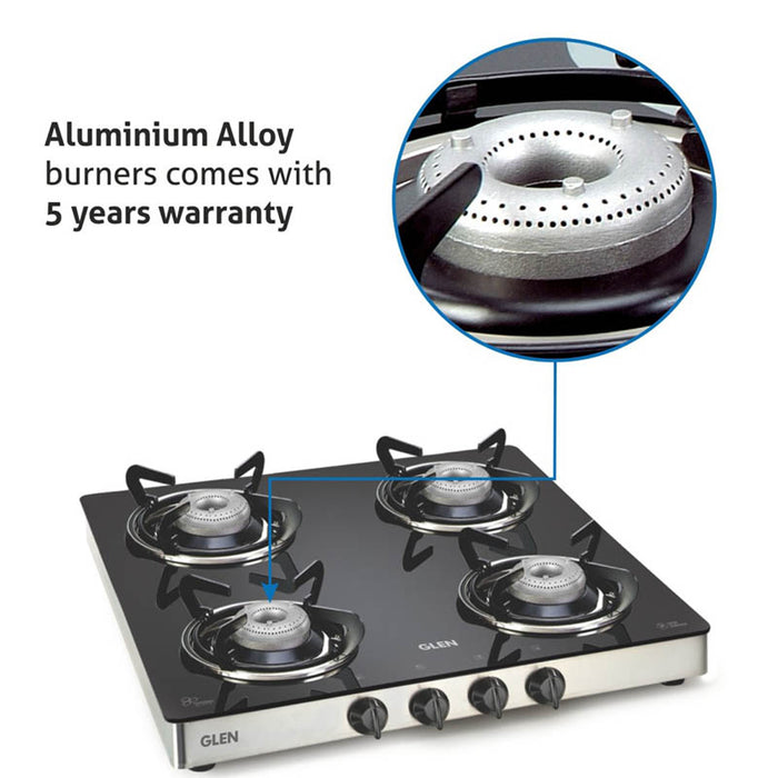 4 Burner Glass Gas Stove with Aluminium Alloy Burners (1043 GT AL)