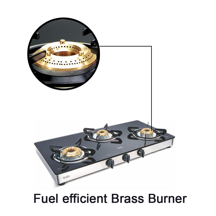 3 Burner Glass Gas Stove 1 High Flame 2 Brass Burners Double Drip trays (Z18242L)