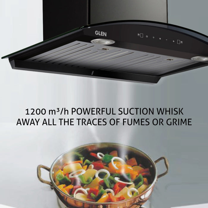 Auto Clean Curved Glass Kitchen Chimney, Baffle Filters, Motion Sensor 1200 m3/h 60/76/90cm - Black (6066 MS AC BL)