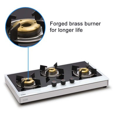 3 Burner Free Standing Glass Hob Forged Brass Burner with Flame Failure Device Auto Ignition (1073 FSFBBWFFDAI)