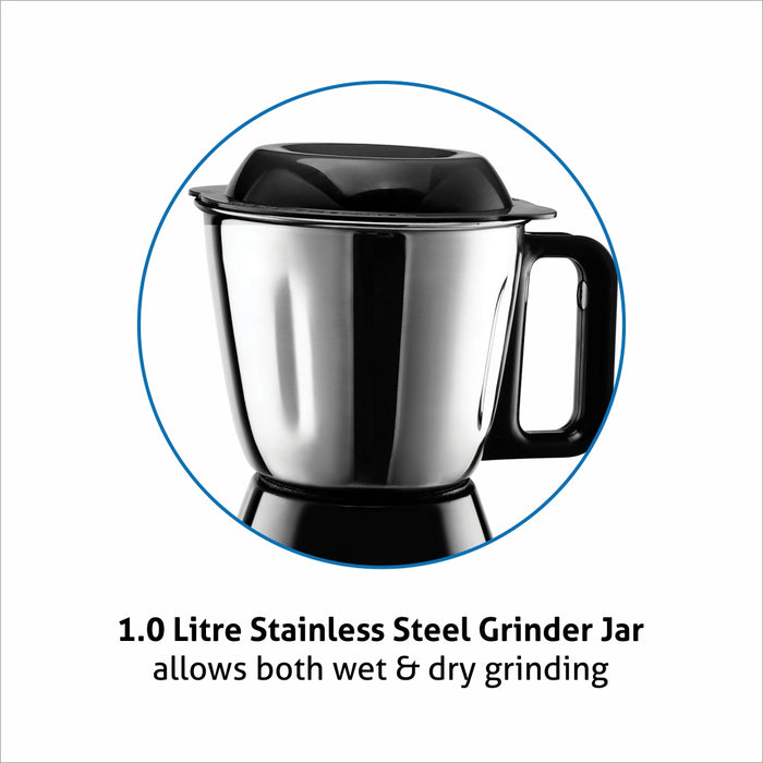 Mixer Grinder 750W 100% Copper Motor, 3 Stainless Steel Liquidiser, Grinder, Chutney Jars - Black & Green (4030)