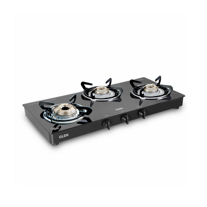 3 Burner  Glass Gas Stove with High Flame Brass Burner Double Drip Tray (1032 GT HF BB DD BL)