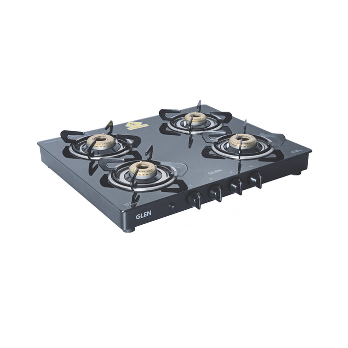 4 Burner Glass Gas Stove with Forged Brass Burner Auto Ignition 60 CM Black (1041 GT FB BL AI)
