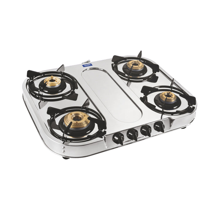 4 Burner  Stainless Steel Gas Stove Extra Wide 1 High Flame 3 Brass Burner (1044 XL SS HF BB)