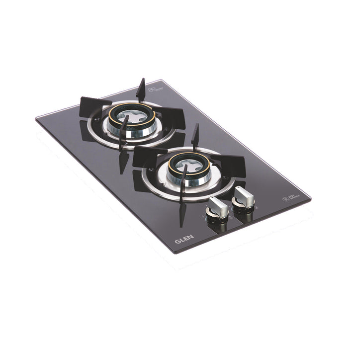 2 Burner Built in Glass Hob with Double Ring Forged Brass Burners Auto Ignition (1012 RODB)