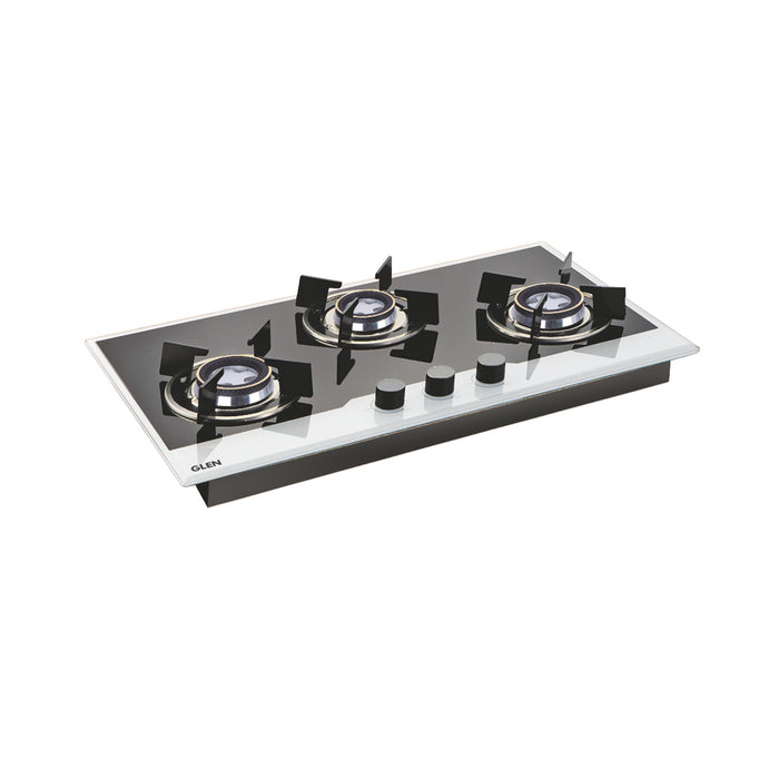3 Burner Glass Hob Top with Double Ring Forged Brass Burners Auto Ignition (1073 HT BW)